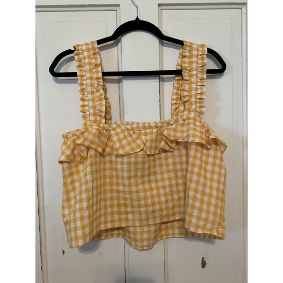 Storia sunflower yellow white check ruffled straps tank top. Size medium. - Picture 3 of 5